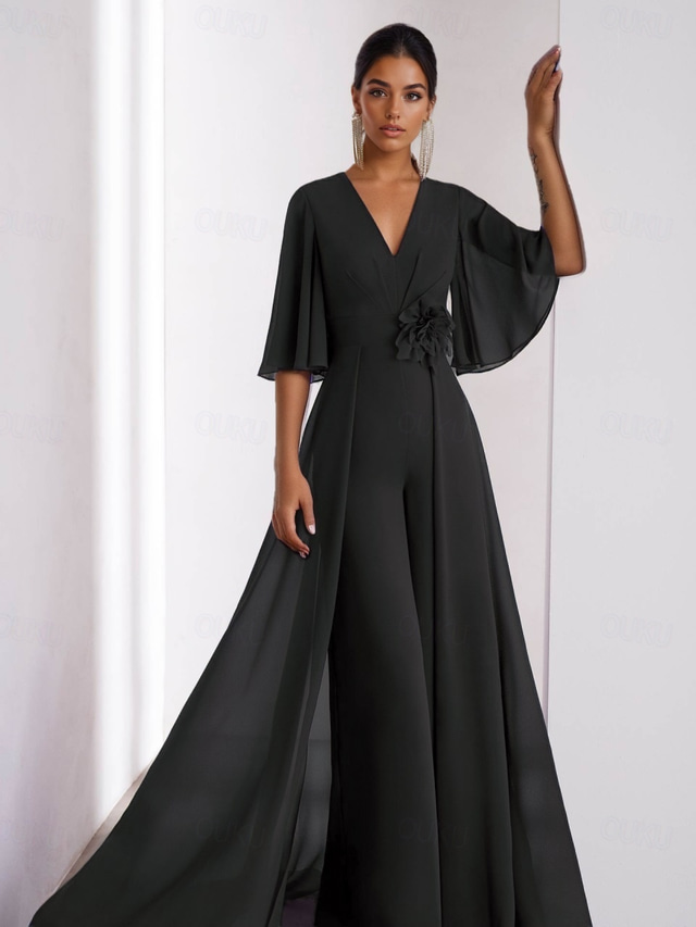  Jumpsuit Mother of the Bride Dress Wedding Guest Elegant Vintage V Neck Floor Length Chiffon Short Sleeve with Ruched Ruffles 2025