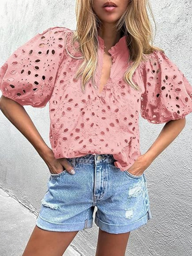  Women's Blouse Solid Color Stylish Casual Half Sleeve V Neck Regular Tops Daily Lace Patchwork Black White Pink Green Summer Spring