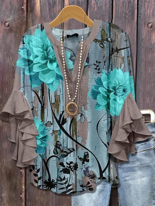  Women's Blouse Floral Graphic Paisley Bohemia Vintage Daily Long Sleeve 3/4 Length Sleeve Flutter Sleeve V Neck Regular Tops Daily Holiday Vacation Wear Ruffle Print Pink Blue Beige Gray Summer
