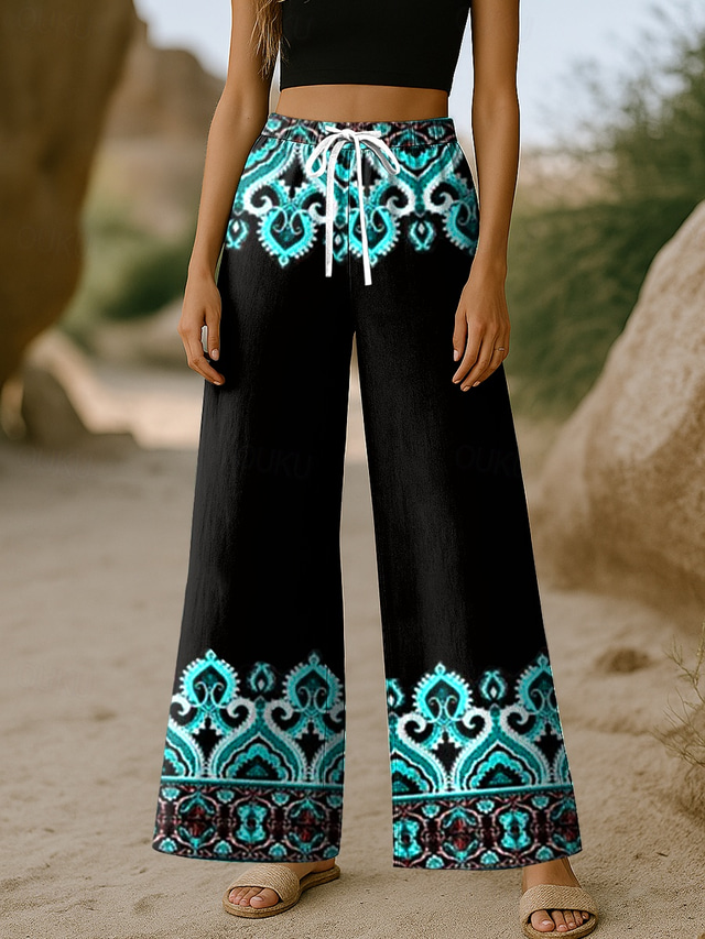  Women's Wide Leg Chinos Baggy Pants Vacation Vintage Ethnic Style Full Length High Waist Graphic Geometric Printing Thermal Warm Breathable Soft Micro-elastic Vacation Casual Daily Violet Robin's Egg