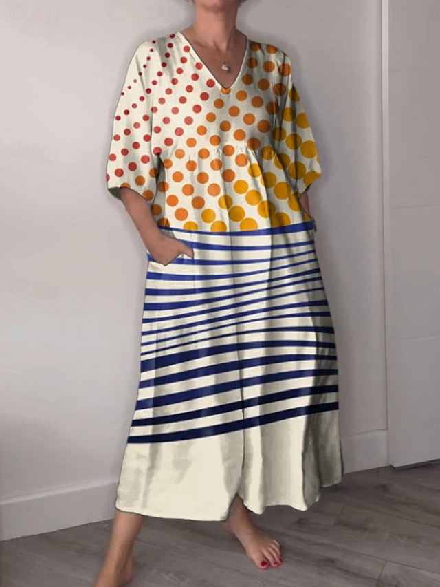  Femmes Robe Midi Robe d'Été Robe trapèze Vacances Occasionnel Boho Sortir Plage Graphique Géométrique Manche 3/4 Col en V Jaune Blanc Ecru Été Printemps