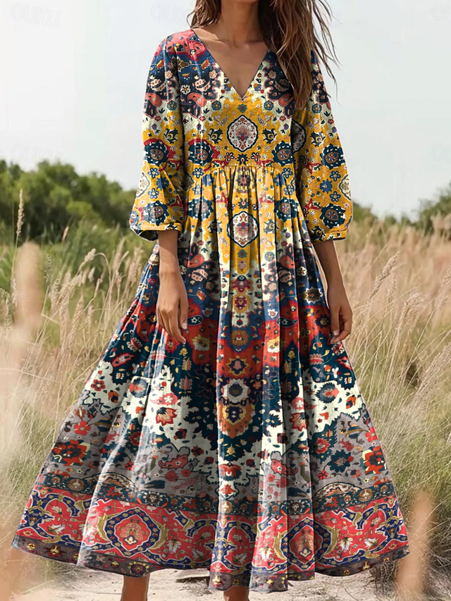  Femmes Robe maxi Robe d'Été Robe trapèze Robe Plissée Vacances Occasionnel Boho Sortir Coupe Ample Fleuri Graphique Manche 3/4 Col en V Noir Jaune Bleu Vert Été Printemps