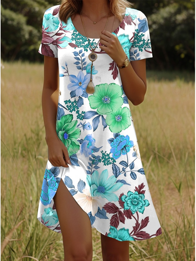 Damen Minikleid T-Shirt-Kleid Sommerkleid A Linie Kleid Urlaub Lässig Strand Täglich Ferien Date Normale Passform Blumen Grafik Kurzarm V Ausschnitt Rosa Blau Purpur Sommer