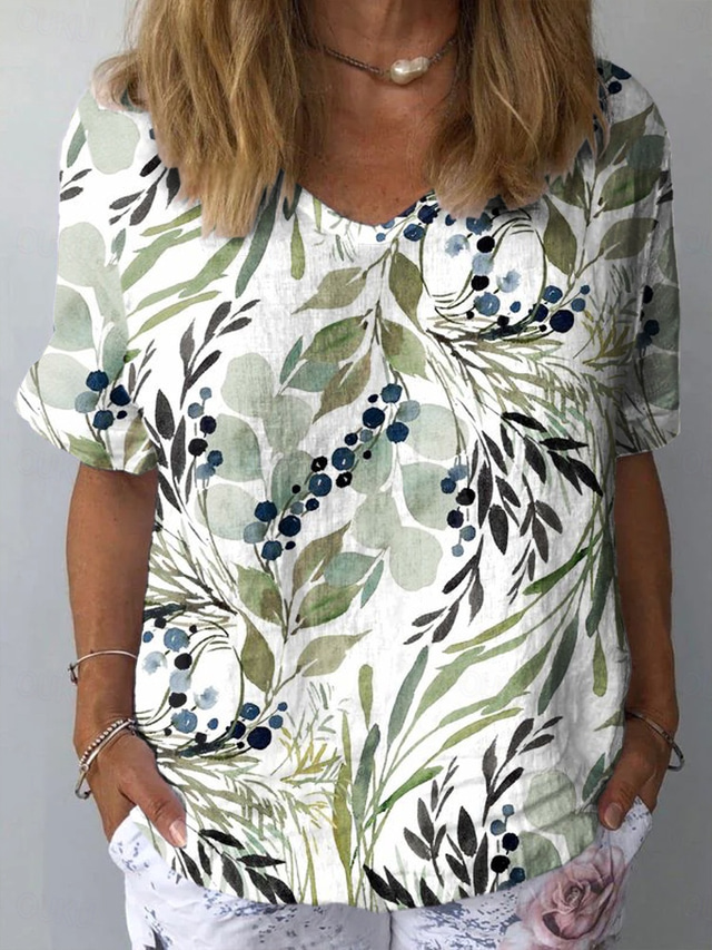  Women's Shirt Floral Graphic Plants Stylish Classic Casual Short Sleeve Crew Neck Regular Tops Daily Beach Wear Vacation Wear Print Light Green Khaki Light Blue Summer Spring
