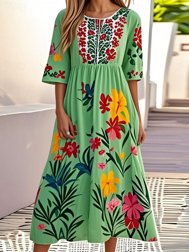  Women's Midi Dress Summer Dress Pleated Dress Vacation Casual Beach Daily Holiday Loose Fit Floral Graphic Short Sleeve Crew Neck White Green Summer