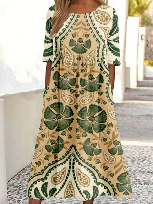  Women's Midi Dress Floral Dress Print Dress Fashion Classic Modern Outdoor Daily Holiday Regular Fit Flower Short Sleeve Crew Neck White Green Summer