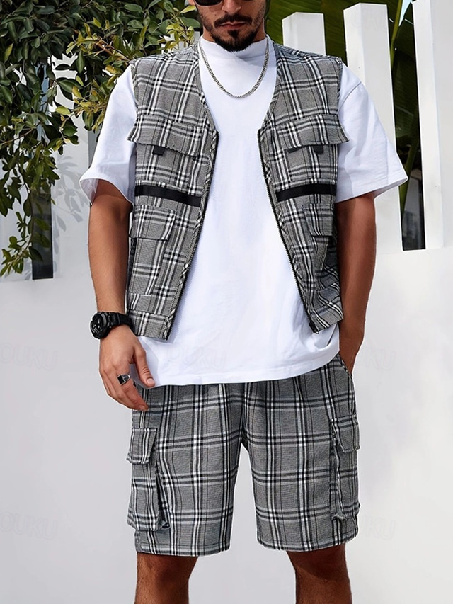  Men's Set Vest Gilet Outdoor Daily Fashion Casual Summer Spring Pocket 2 Piece Polyester Comfortable Plaid Single Breasted One-button V Neck Regular Fit Khaki Gray Vest