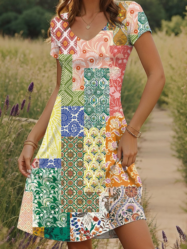  Pentru femei Rochie Mini Rochii Tricou Rochie de Vară Rochie de vară Vacanță Casual Boho Zilnic Ieșire Fit regulat Floral Grafic Geometric Manșon scurt În V Roz Îmbujorat Vară