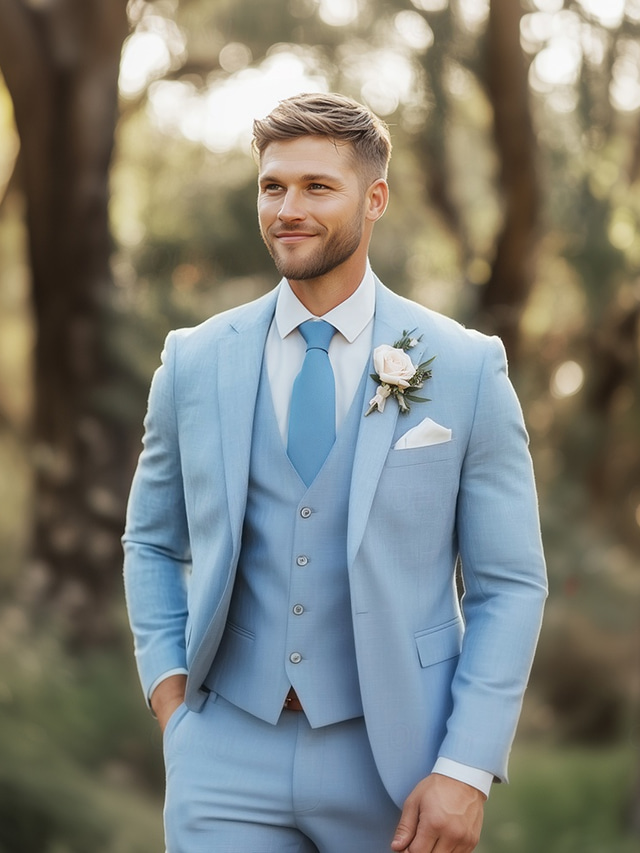  Men's Wedding Suits Sky Blue Summer Formal Solid Colored Standard Fit 3 Piece Single Breasted One-button