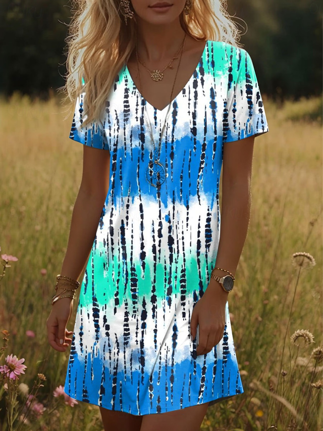  Femmes Mini Robe Robe T-Shirt Robe d'Été Robe d'été Vacances Occasionnel Boho Quotidien Sortir Coupe régulière A Ombre Graphique Manche Courte Col en V Bleu Été