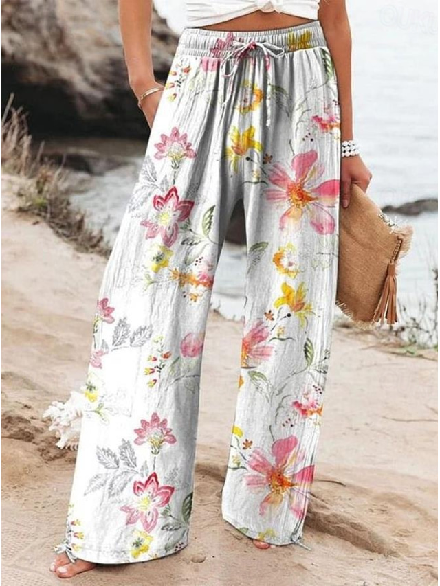  Women's Wide Leg Chinos Baggy Pants Vacation Fashion Hawaiian Full Length High Waist Floral Graphic Drawstring Printing Soft Breathable Micro-elastic Vacation Street Causal Violet off-white Deep Blue