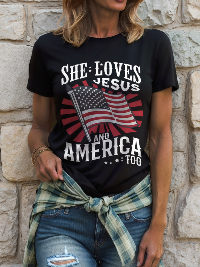  Tricou Patriotic pentru Femei Grafic Drapel Litere Vintage Elegant Clasic Mâneci Scurte Gât Rotund Croială Normală Îmbrăcăminte de Zi Weekend Print Negru Alb Roz Roșu Albastru