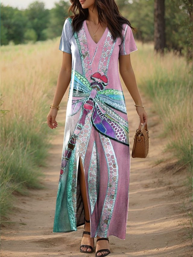  Pentru femei Rochie Maxi Rochie de Vară Rochie A line Rochie de vară Vacanță Casual Zilnic Fit regulat Grafic libelulă Manșon scurt În V Roz Îmbujorat Albastru piscină Portocaliu Trifoi Vară