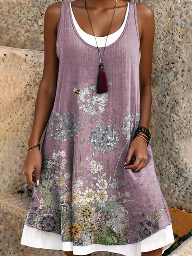  Pentru femei Rochie Mini Rochii Tricou Rochie de Vară Rochie A line Vacanță Casual Boho Potrivire Largă Floral Grafic Fără manșon În U Scoateți gâtul Mov Deschis Vară Primăvară