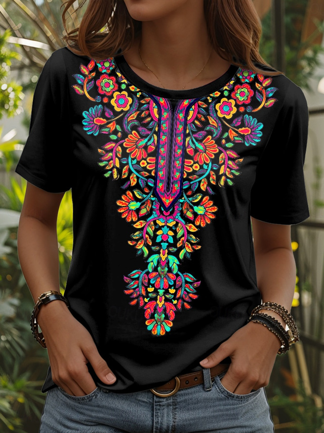  Women's T Shirt Floral Graphic Plants Vintage Stylish Classic Short Sleeve Crew Neck Regular Tops Daily Weekend Print Black White Summer