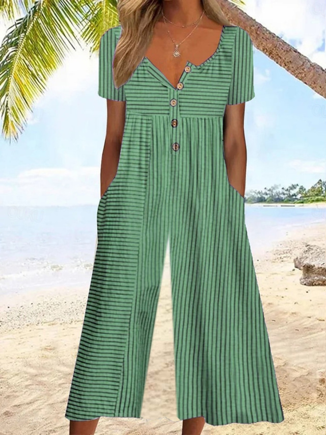  Women's Normal Jumpsuit Active Floral Short Sleeve Wide Leg Round Neck Pocket Print Vacation Daily Regular Fit White Army Green Blue Summer