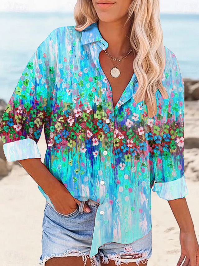  Women's Shirt Floral Graphic Vintage Tropical Daily Long Sleeve Shirt Collar Regular Tops Work Daily Buttons Print Yellow Blue Purple Green Summer Spring