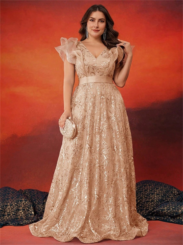  A-Line Plus Size Dresses Elegant Curve Dress Formal Wedding Floor Length Sleeveless V Neck Lace with Sequin