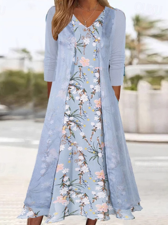  Women's Midi Dress Two Piece Dress Print Dress Classic Modern Vacation Holiday Going out Regular Fit Flower Long Sleeve V Neck Light Blue Summer