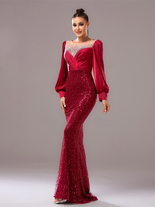  Vestido de Noche Sirena  Trompeta Con Corbata Negra Vestido Elegante Invitada de Boda Largo hasta el Suelo Manga Larga Cuello Redondo Con Lentejuelas y Pliegues