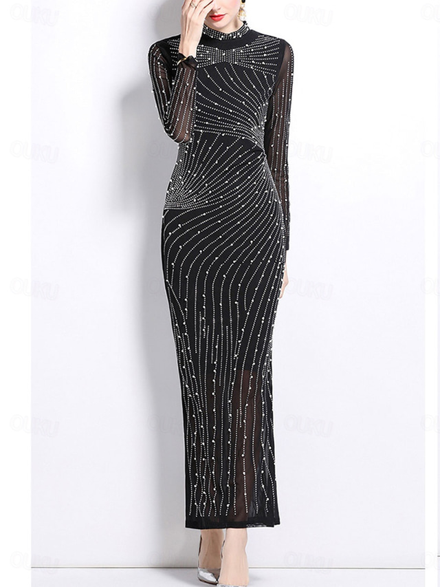  Jurkje Moeder van de Bruid Jurk Elegante Vintage Zwarte Jurk Hoge Hals Vloerlengte Geweven Lange Mouwen met Sequin
