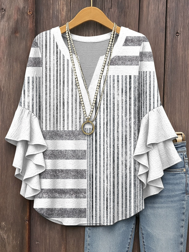  Women's Blouse Layered Ruffle Sleeve Tops Graphic Striped Daily Stylish Casual 3/4 Length Sleeve V Neck Regular Tops Daily Holiday Vacation Wear Print Gray Summer Spring