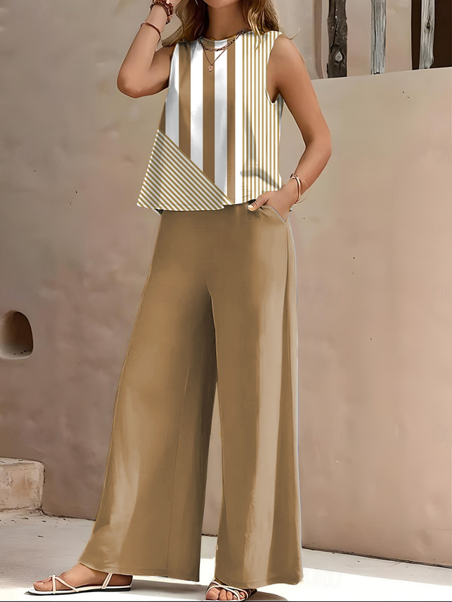  Set di pantaloni da vacanza per donne in 2 pezzi senza maniche girocollo grafica a righe casual blu verde khaki estate vestibilità ampia