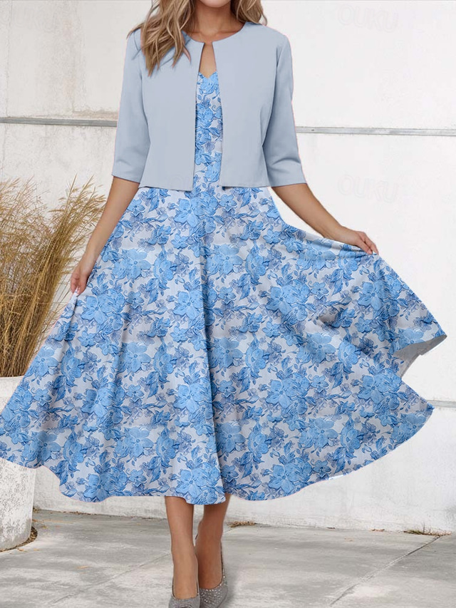  Two Piece A-Line Cocktail Dresses Elegant Formal Wedding Guest Tea Length Long Sleeve Square Neck Convertible Nylon Pocket
