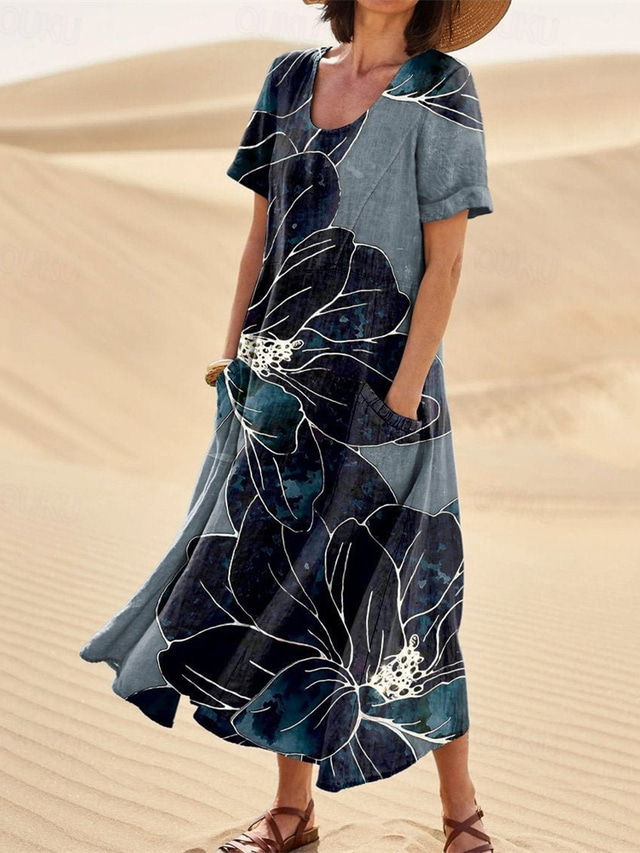  Women's Long Dress Maxi Dress Casual Dress Swing Dress Summer Dress Elegant Fashion Romantic Outdoor Party Holiday Regular Fit Flower Short Sleeve Crew Neck Black Blue Green Summer