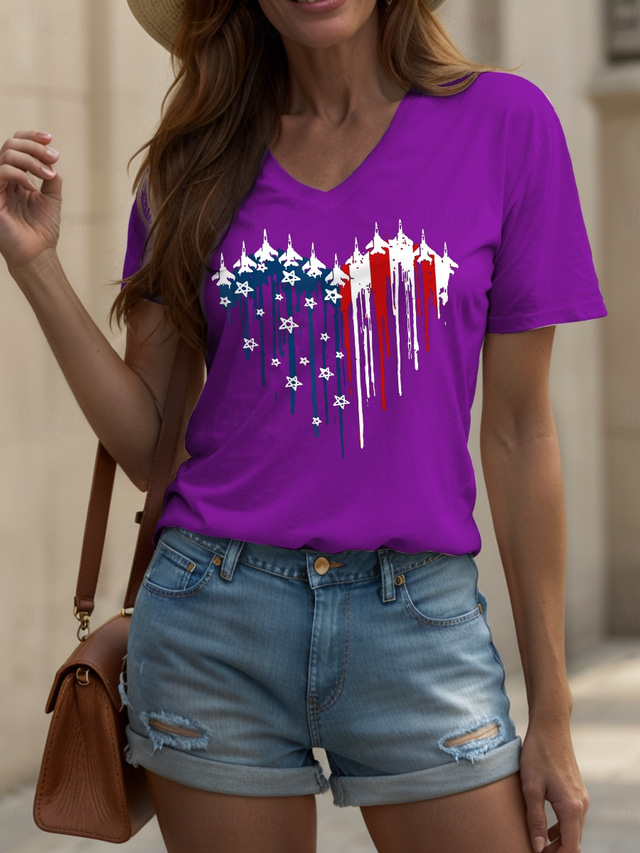  Women's Patriotic  T Shirt Heart Graphic Star Vintage Stylish Classic Short Sleeve V Neck Regular Tops Daily Weekend Print Black White Pink Red Blue Summer Spring