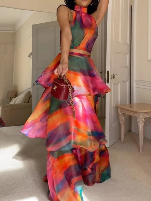  Per donna Abito Lungo Maxi Abito Vestito Casual Vestito a ruota Abito Stampato Moda All'aperto Feste Ferie Vestibilità regolare Astratto Manica Corta All'americana Rosso Estate