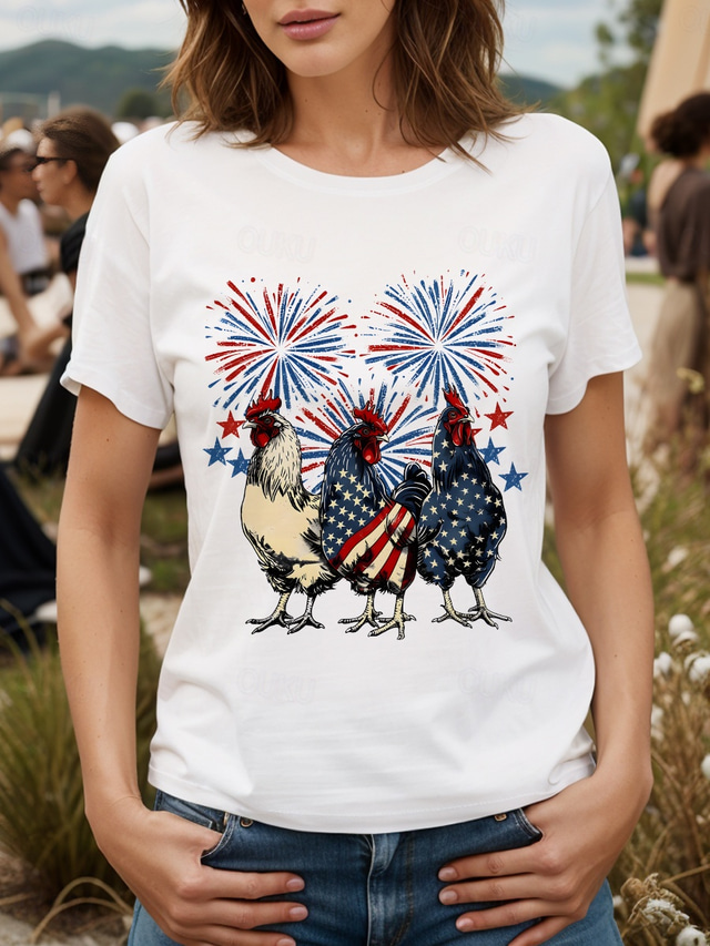  Women's Patriotic  T Shirt Graphic Animal Flag Vintage Stylish Classic Short Sleeve Crew Neck Round Neck Regular Tops Daily Weekend Print Black White Pink Red Blue