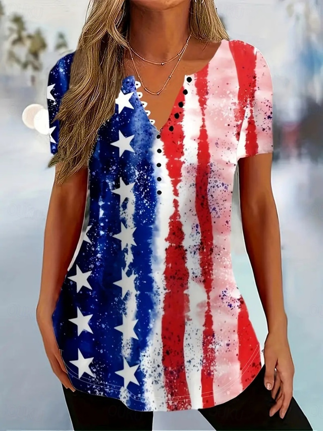  Independence Day Women's Blouse Flag Stylish Casual Beach Short Sleeve V Neck Regular Tops Daily Buttons Print White Wine Red Blue Summer