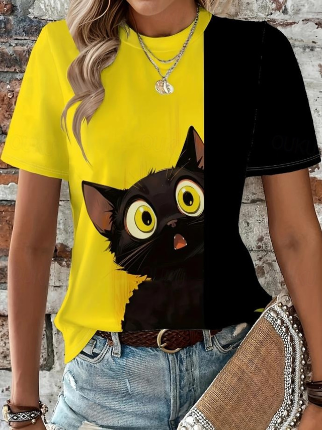  Women's T Shirt Graphic Animal Cat Vintage Stylish Classic Short Sleeve Crew Neck Round Neck Regular Tops Daily Weekend Print Yellow Summer Spring