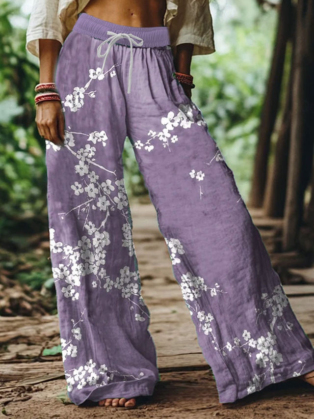  Femmes Jambe large Chinos Pantalons Amples Vacances ancien Mode Longueur complète Taille haute Fleuri Graphique Impression Respirant Doux Micro-Élastique Formel Vacances Rue Violet Vert Gris Ét
