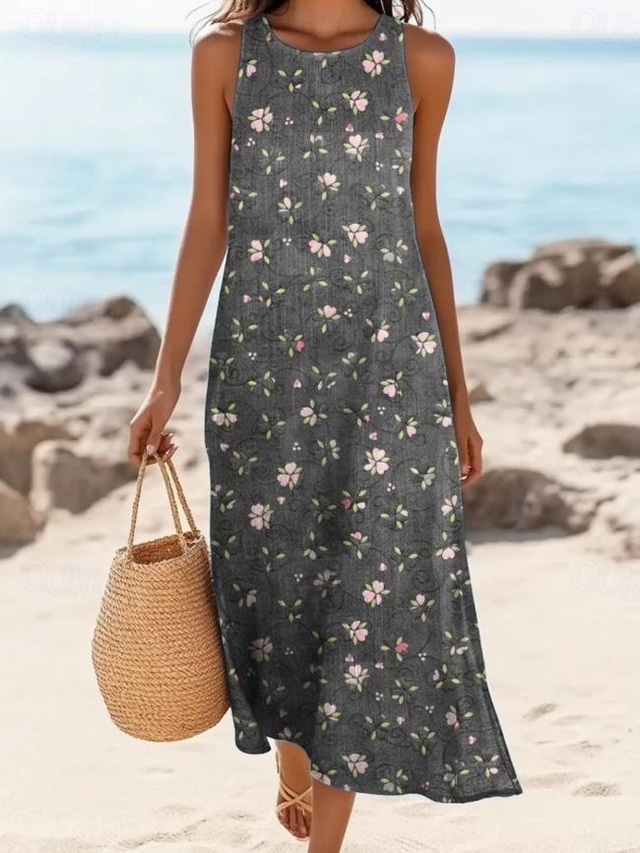  Damskie Sukienka maxi Sukienka A line Sukienka z odkrytymi ramionami Urlop Codzienny Boho Wyjściowe Luźny / a Kwiaty Graficzny W Tureckie Wzory Bez rękawów Dekolt w kształcie litery U Brązowy