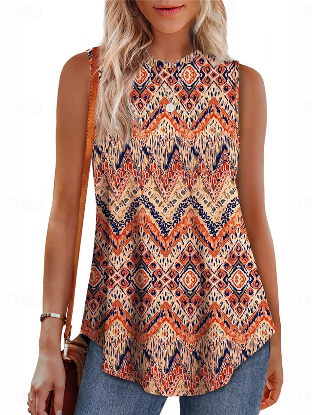  Women's Camisole Tank Top Graphic Geometric Daily Casual Sleeveless Crew Neck Regular Tops Daily Print Black Blue Orange Green Summer