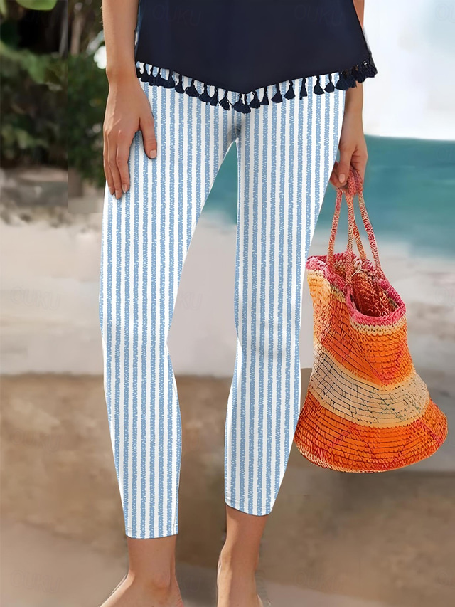  Women's Leggings Vacation Vintage Fashion Long High Waist Graphic Stripe Printing Breathable Soft Stretchy Vacation Casual Daily Blue Black-white Summer Spring Slim Fit