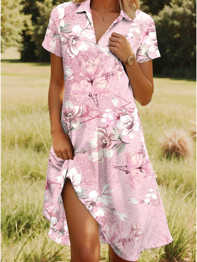  Femmes Robe Midi Robe trapèze Robe d'été Vacances Occasionnel Chaussures de plage Date Robe d'Été Coupe régulière Fleuri Graphique Manche Courte Revers Rose Claire Rouge Bleu Fuchsia Été