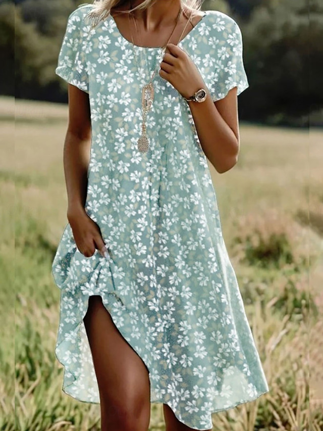  Femmes Mini Robe Robe T-Shirt Robe d'Été Vacances Occasionnel Sortir Coupe régulière Fleuri Graphique Manche Courte Col en V Bleu Violet Vert Été