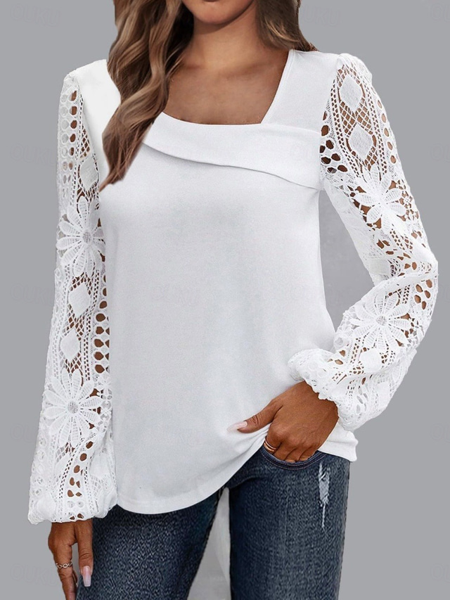  Blusas Elegantes de Renda Branca para Mulheres Blusa de Olho Casual Cor Sólida Blusas Regulares Mangas Longas Renda Assimétrica Patchwork Ajuste Regular Roupas Diárias Preto Branco Rosa Românticas