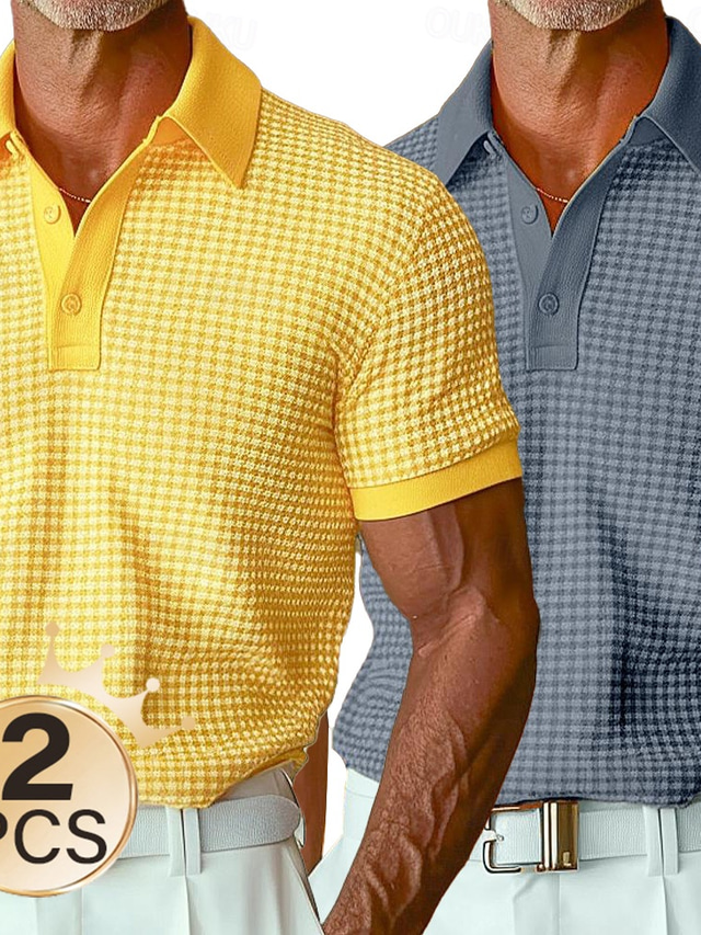  Men's  2Pcs Waffle Polo Shirts Vacation Casual Turndown Short Sleeve Vacation Leisure Plain Pocket  Summer