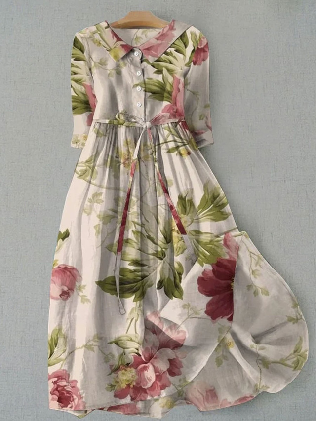  Femmes Robe Midi Robe fourreau Occasionnel Quotidien Coupe régulière Fleuri Graphique Demi Manches Col de chemise Rose Claire Bleu Vert Abricot Été Printemps