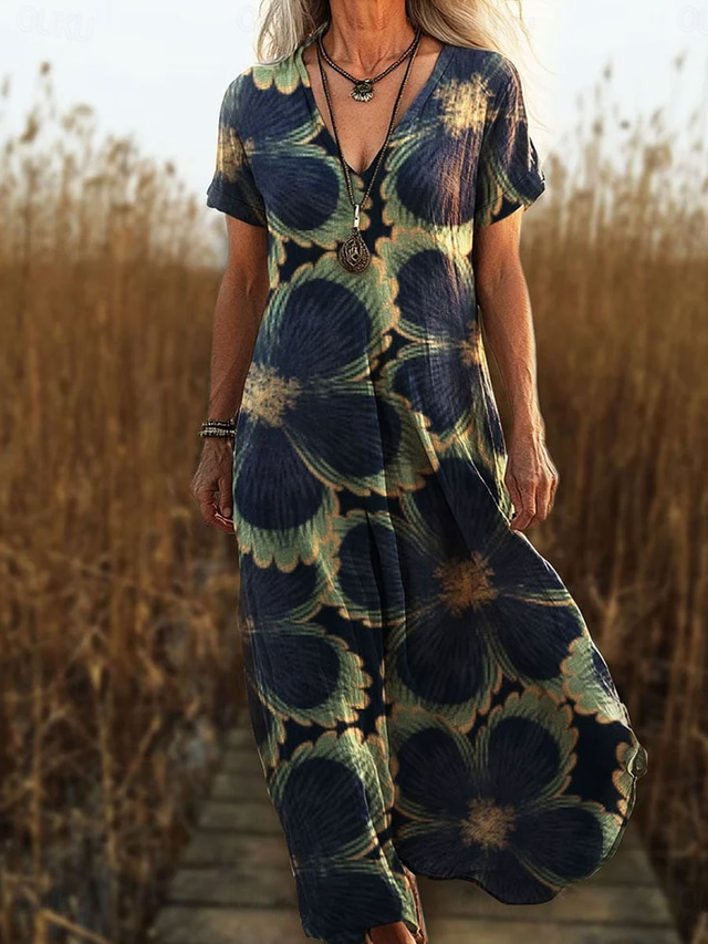  Damskie Sukienka maxi Sukienka letnia Sukienka A line Urlop Codzienny Boho Wyjściowe Regularny Kwiaty Graficzny W Tureckie Wzory Krótki rękaw W serek Rumiany róż Niebieski Zielony Ciemnoniebieski