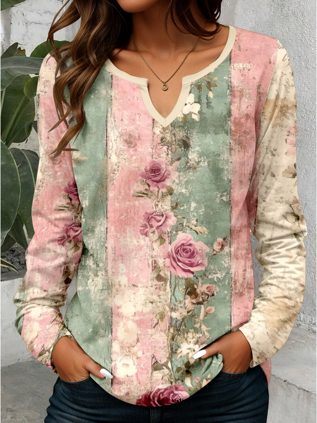  Femmes T-shirt Fleuri Graphique Plantes ancien Élégant Classique manche longue Col en V Encolure en V Hauts Réguliers Quotidien Imprimé Kaki Rose Bleu clair Printemps Automne