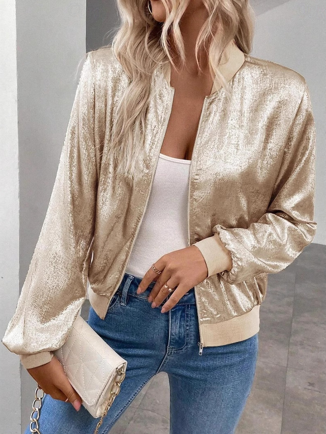  Per donna Giacca Casual Antivento Caldo Cerniera Casual Tinta unica Casuale Regolare Collo alla coreana Vestibilità regolare Manica Lunga Capispalla Champagne Autunno