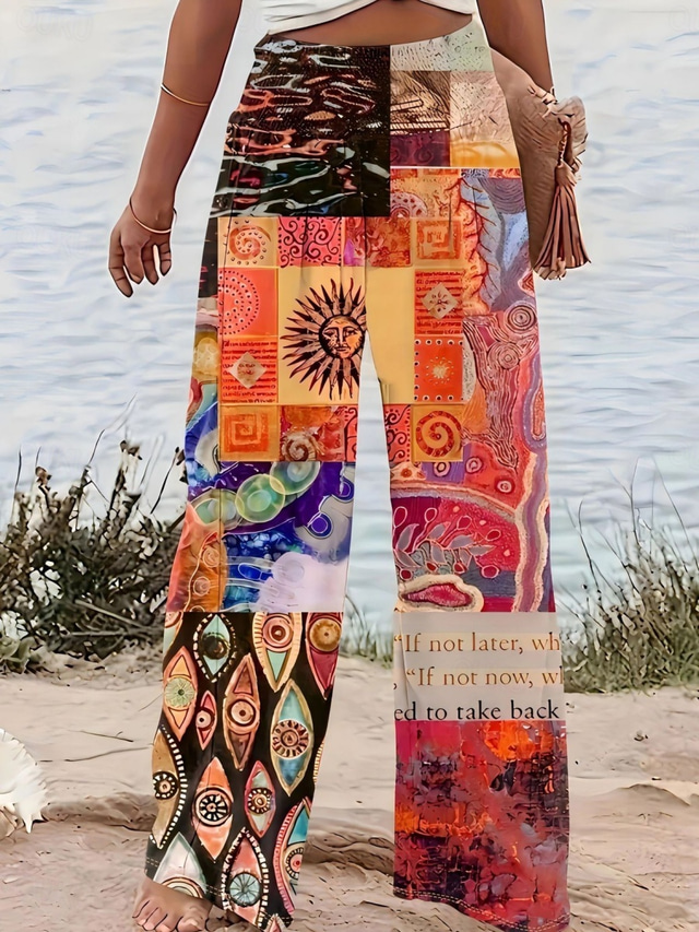  Women's Wide Leg Chinos Vacation Vintage Ethnic Style Long High Waist Graphic Plaid Checkered Pocket Elastic Waistband Comfy Soft Comfortable Micro-elastic Outdoor Street Blue Orange Summer Spring