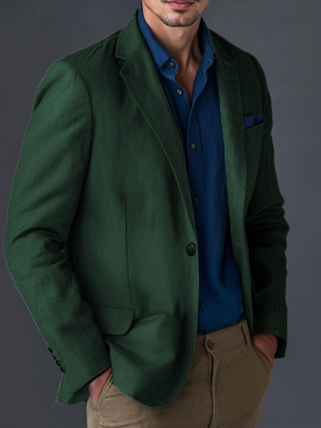  Hombre Chaqueta de lino Chaqueta deportiva Moda Casual Color sólido Blazer de lino Azul Piscina Verde Ejército Estándar Recto 1 botón