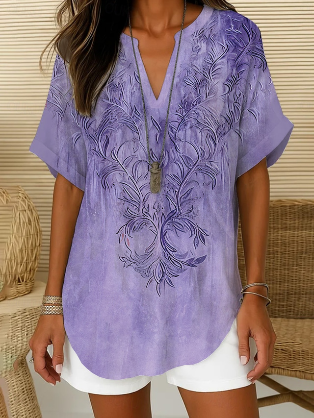  Women's Boho Shirt Floral Graphic Bohemia Active Vintage Short Sleeve V Neck Regular Tops Daily Holiday Beach Wear Red Blue Purple Beige Summer Spring