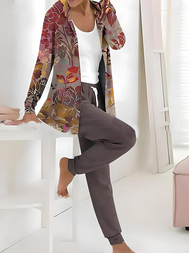  Femmes Actif Quotidien Sweat à capuche Survêtement Ensembles de Pantalons manche longue À capuche Fleuri Graphique Cordon de serrage Imprimé Extérieur Occasionnel Noir Bleu Marine Marron clair